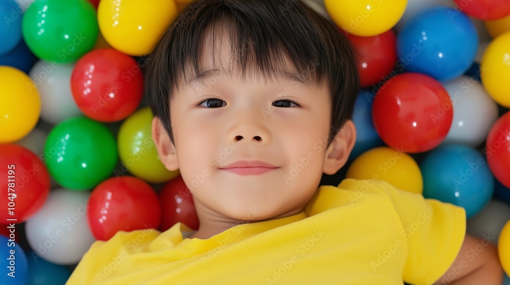 Obraz premium Asian boy with plastic balls around