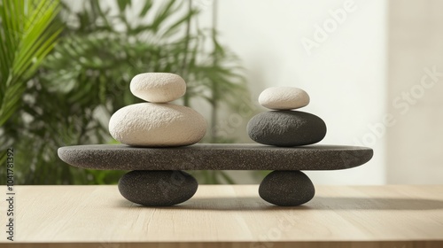 Balance concept: Pebble scales with small and large stones. - photo