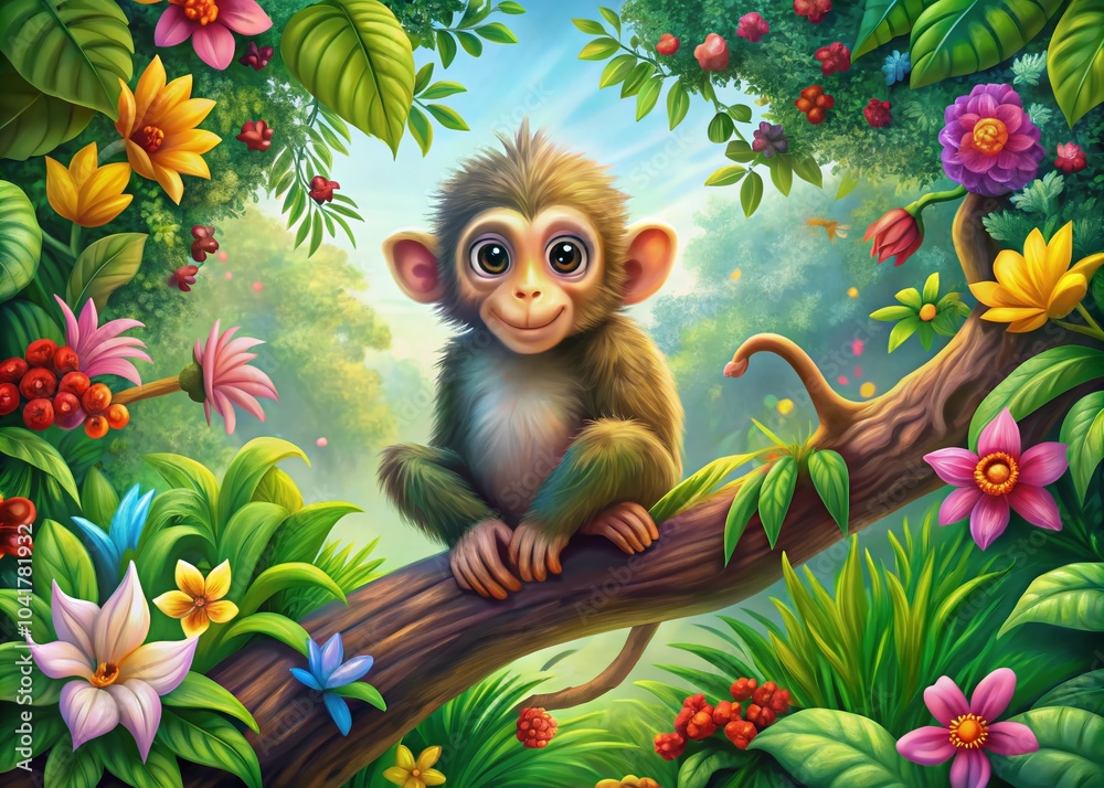 Obraz premium Cartoon Monkey on Tree Branch - Detailed High Resolution Illustration for Kids and Nature Themes