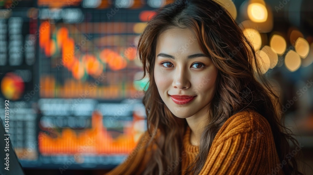 Woman analyzing financial data on laptop screen. Woman analyzing financial data on laptop screen.