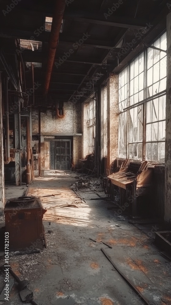 Obraz premium Abandoned Factory Floor with Debris and Broken Objects