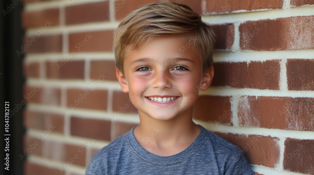 Smiling boy with short blonde hair standing against brick wall, radiating joy and innocence. His cheerful expression captures essence of childhood happiness