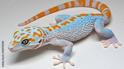 Leopard gecko with unique morph patterns, standing alert on white with its vivid colors and textures clearly visible.