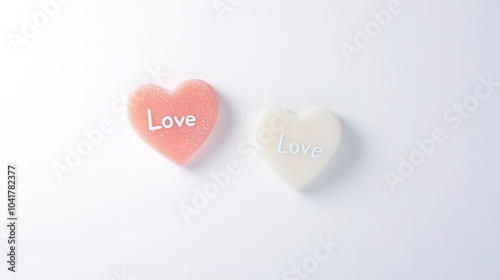 Two pastel heart-shaped candies with love text