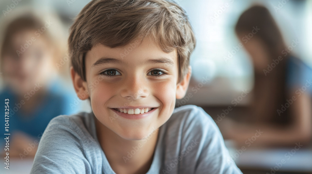 Smiling boy in classroom, engaged and happy during lesson, showcasing enthusiasm and joy in learning Smiling boy in classroom, engaged and happy during lesson, showcasing enthusiasm and joy in learning