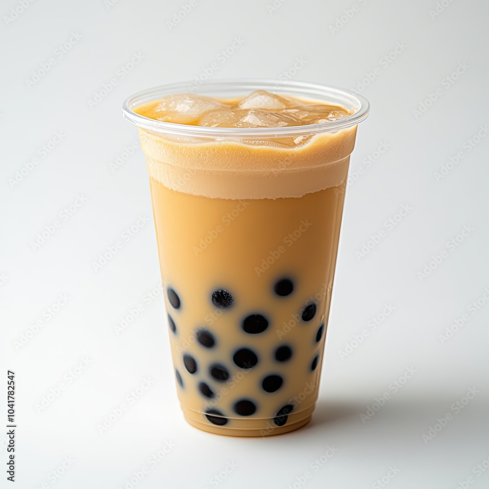 Creamy Milk Tea with Boba Pearls in Clear Cup Creamy Milk Tea with Boba Pearls in Clear Cup