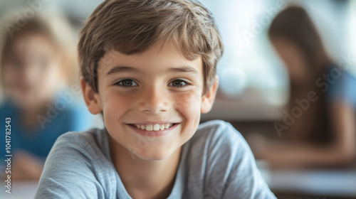 Smiling boy in classroom, engaged and happy during lesson, showcasing enthusiasm and joy in learning