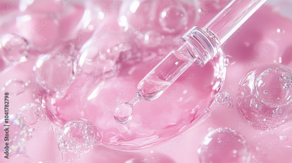 Cosmetic illustration of hyaluronic acid bubbles and clear serum drops Cosmetic illustration of hyaluronic acid bubbles and clear serum drops