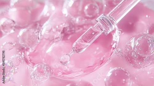 Cosmetic illustration of hyaluronic acid bubbles and clear serum drops