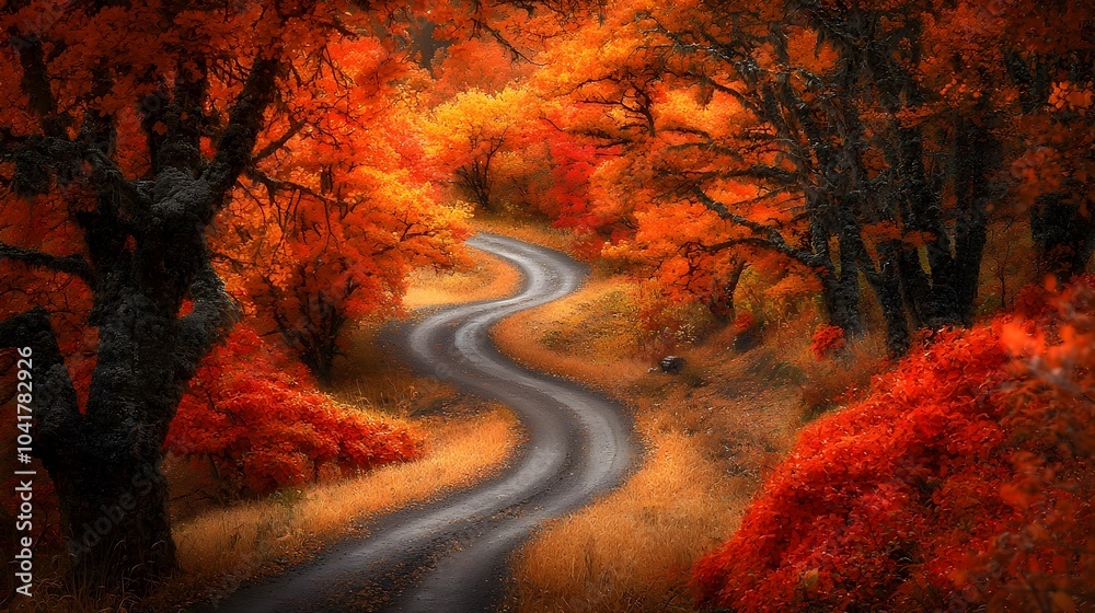 Naklejka premium Peaceful and Serene Orange Farm with Winding Dirt Path Cutting Through the Lush Foliage and Vibrant Autumn Leaves