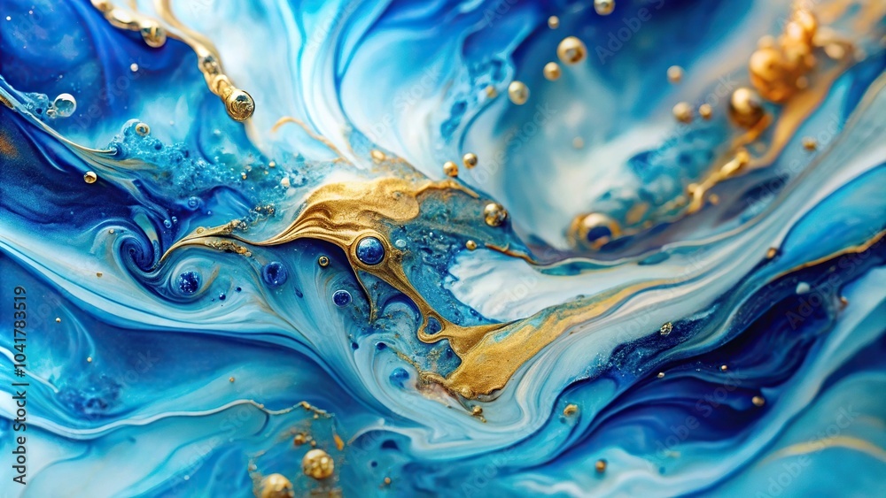 Abstract blue and white liquid acrylic background with gold element, featuring forced perspective
