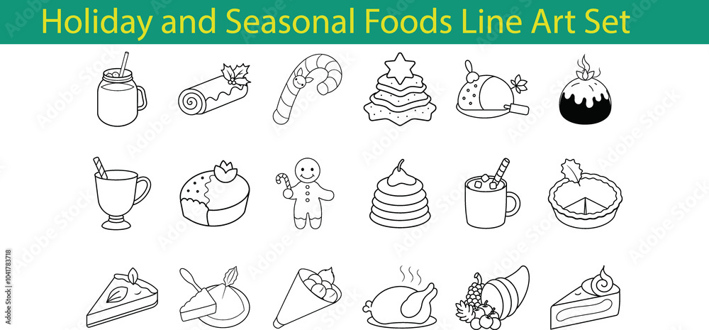 Fototapeta premium Holiday and Seasonal Foods Line Art Set Illustrations