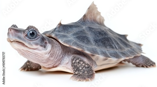 Mata mata turtle with its bizarre, flat head, sitting still on a white background. photo