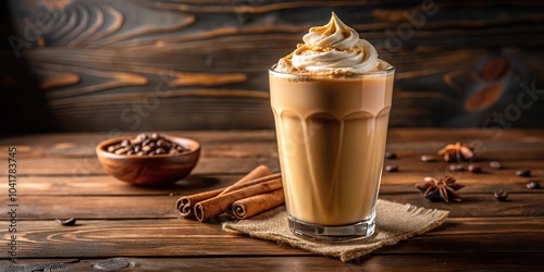 Chai frapp blended with chai tea concentrate in a tall glass on a wooden table tilted angle photo