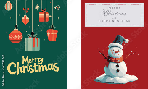 3D Red Christmas discount promotion poster. Santa sitting on red hexagon podium surrounded by Christmas tree, snowman, gifts, and reindeer.