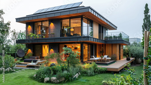 Modern house with solar panels.