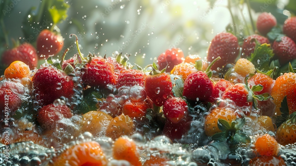 Fresh Strawberries Splashing in Water: A Close-Up View Fresh Strawberries Splashing in Water: A Close-Up View