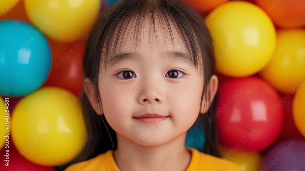 Obraz premium Asian girl with plastic balls around