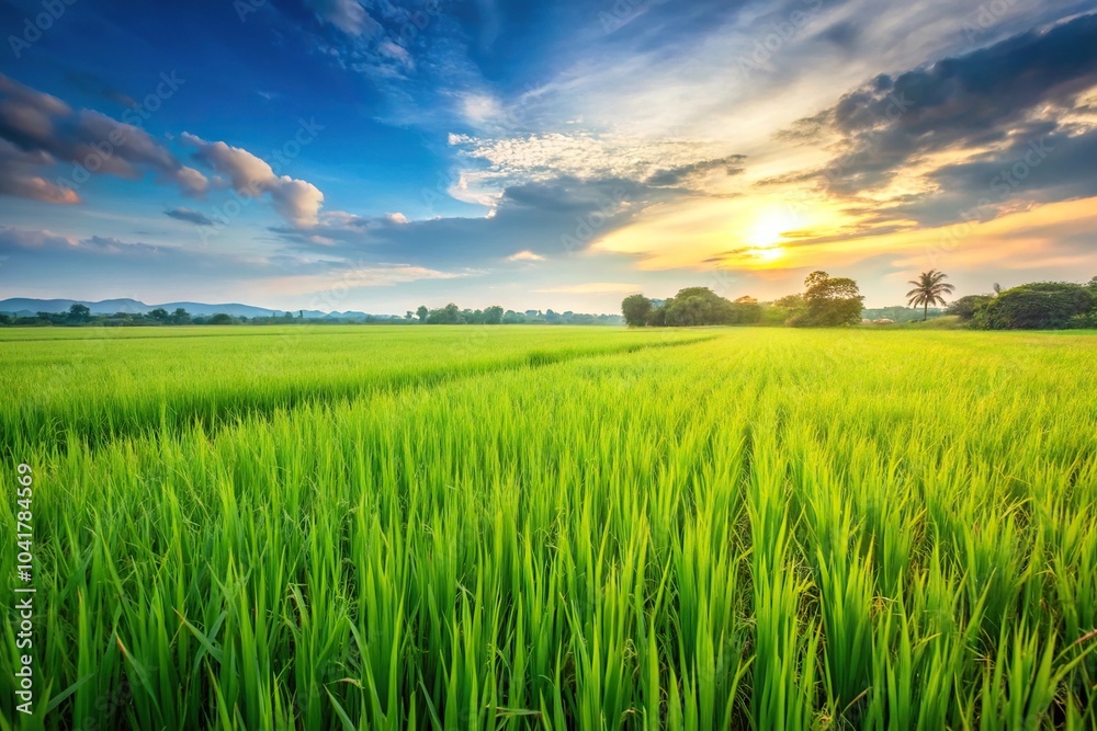 A beautiful low angle view of a vast green rice field A beautiful low angle view of a vast green rice field