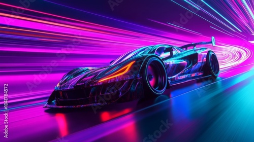 High-speed sports car racing down a neon-lit highway at night, creating vibrant light trails. 3D render.