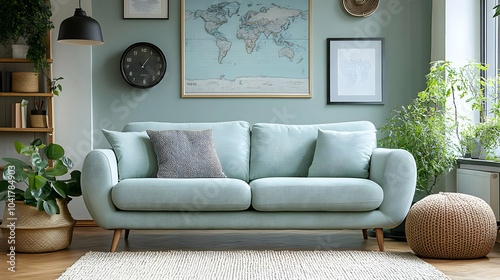 Modern Living Room Design with Light Blue Sofa, World Map, Plants, and Rug