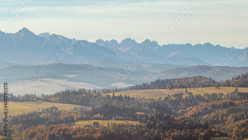 Obraz na płótnie Beautiful autumn foggy mountain landscape. View towards the Tatra Mountains. w salonie