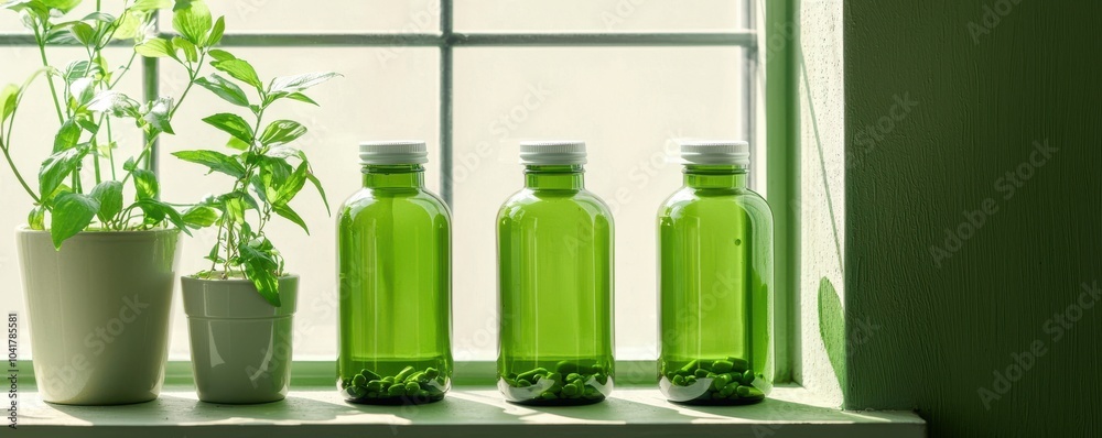 custom made wallpaper toronto digitalNatural wellness refreshing green bottles with plants in a sunlit window for a healthy lifestyle and eco-friendly choices