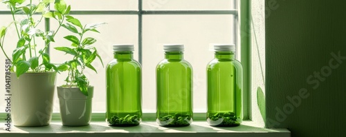 Wallpaper Mural Natural wellness refreshing green bottles with plants in a sunlit window for a healthy lifestyle and eco-friendly choices Torontodigital.ca