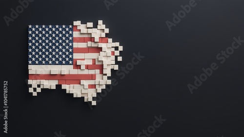 A stylized American flag, simplified into blocks of color, floating on a solid black background, very realistic