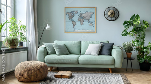 Living Room Decor with Green Sofa and World Map