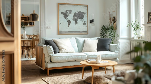 Decorating a Living Room with a World Map, Neutral Colors, and Natural Elements