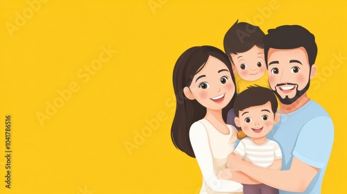 A joyful family of parents and their young child smiles broadly, sharing a moment of happiness against a cheerful yellow backdrop. Generative AI