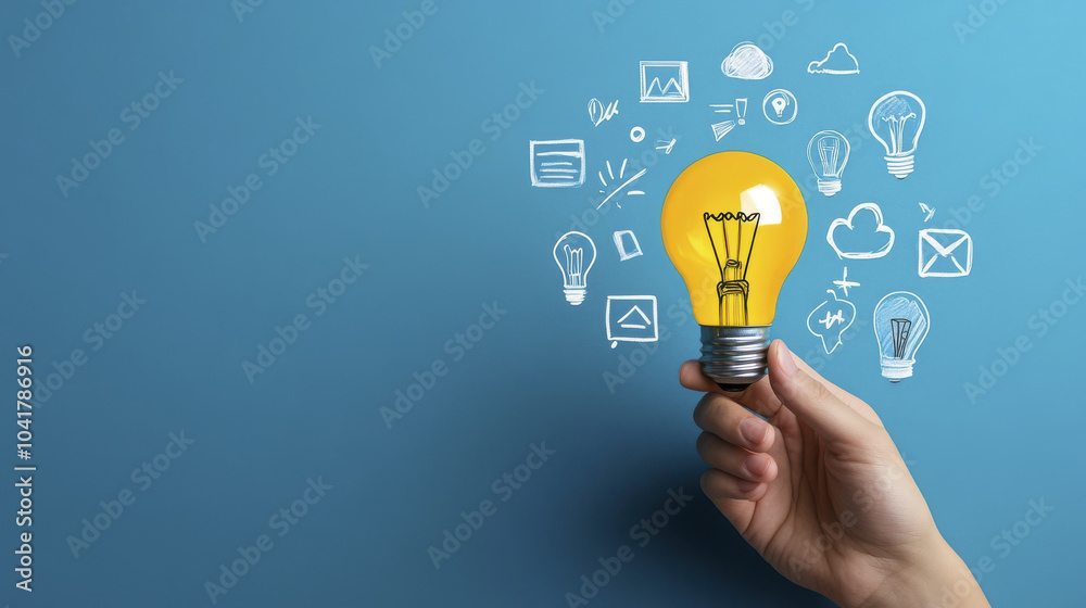 hand holding light bulb symbolizes creativity and innovation, surrounded by various doodles representing ideas and concepts. This captures essence of inspiration and brainstorming hand holding light bulb symbolizes creativity and innovation, surrounded by various doodles representing ideas and concepts. This captures essence of inspiration and brainstorming