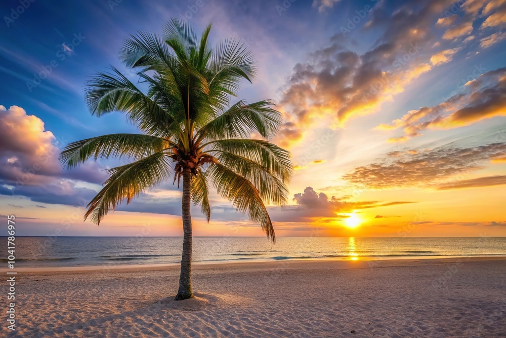 Fototapeta premium A lone palm tree stands tall on a sandy beach at sunset with its leaves swaying gently in the ocean breeze, sunsets, foliage