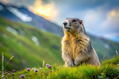 Alpine marmot feeding on meadow