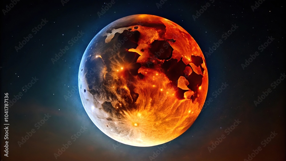 A hauntingly beautiful lunar eclipse with a blood moon casting an orange glow on a darkened sky, planetary science, solar and lunar cycles A hauntingly beautiful lunar eclipse with a blood moon casting an orange glow on a darkened sky, planetary science, solar and lunar cycles