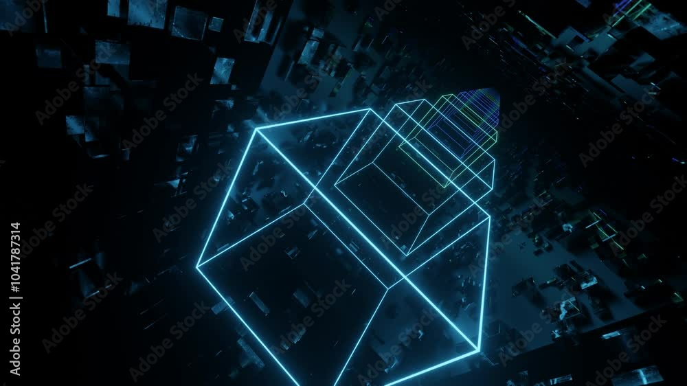Hi-tech neon sci-fi tunel. Trendy neon glow lines form pattern and construction in mirror tunnel. Fly through technology cyberspace. 3d looped seamless 4k background.flickering 3d object night club
