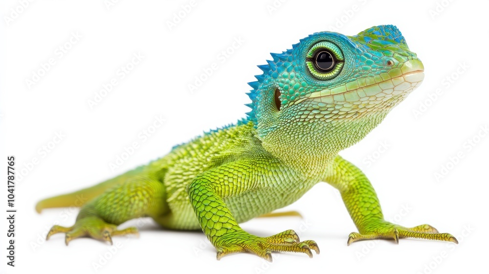 Rare Cuban knight anole, with its vivid green and blue scales, standing against a white background. Rare Cuban knight anole, with its vivid green and blue scales, standing against a white background.