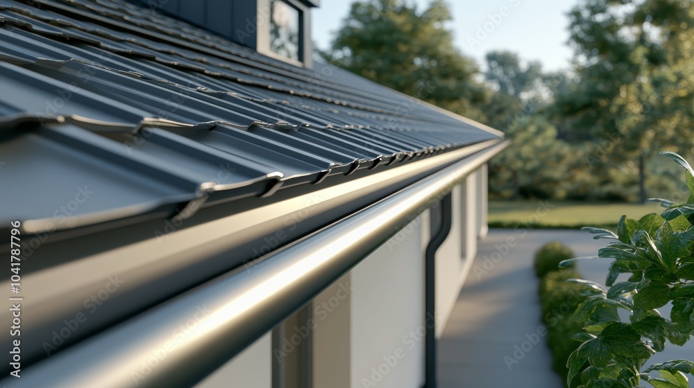 Detailed shot of flat, minimalist roof gutters on a prairie-style home, highlighting the clean lines and smooth, metallic surface, very realistic Detailed shot of flat, minimalist roof gutters on a prairie-style home, highlighting the clean lines and smooth, metallic surface, very realistic
