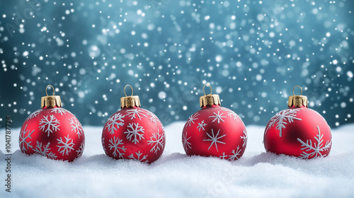 Christmas - Red Baubles Decorated And Snowflakes In Snowing Background