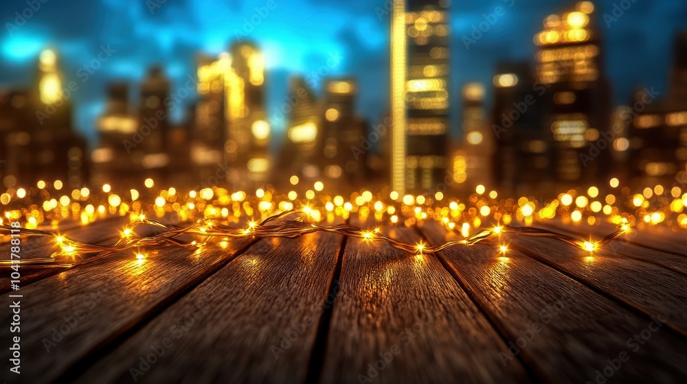 Charming cityscape at night with warm golden lights, illuminating a serene wooden surface, creating a cozy atmosphere, theme 80's Charming cityscape at night with warm golden lights, illuminating a serene wooden surface, creating a cozy atmosphere, theme 80's