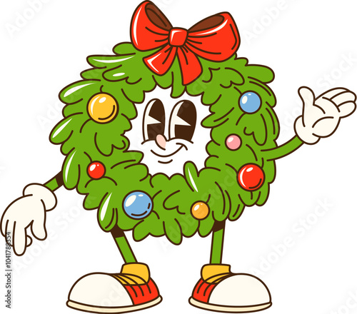 Cartoon groovy Christmas wreath character, adorned with ornaments and red bow. Isolated vector joyful xmas wreath retro personage waving with smiling face. Festive holiday decoration with hippie vibe