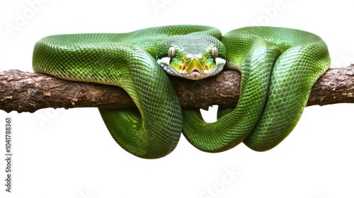 Rare emerald tree boa hanging from a branch, its body in a perfect coil, contrasting against the white background.