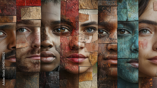 Diverse human faces are artistically arranged in collage, showcasing variety of skin tones and expressions, symbolizing unity and diversity