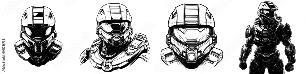 An icon representing a futuristic motorcycle helmet in black and white