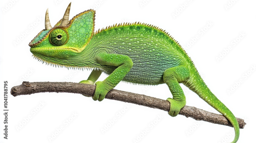 Fototapeta premium Rare Jackson’s chameleon gripping a branch, its three horns distinct and vibrant against the white backdrop.