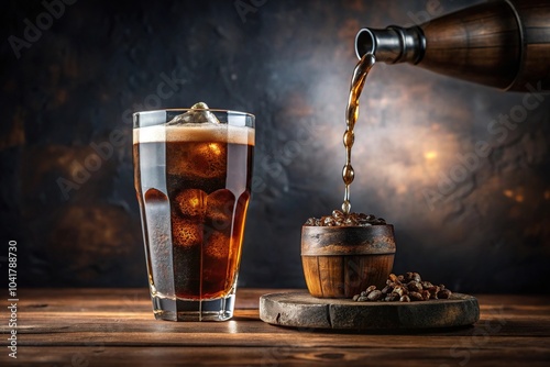 A cold brew of dark brown liquid pours slowly from a keg into a glass filled with ice., pour, beer photo