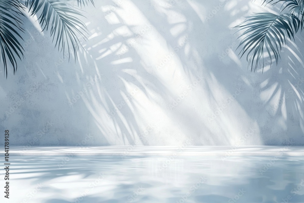 A serene, minimalist scene featuring soft shadows of palm leaves on a tranquil water surface, evoking calmness and relaxation. A serene, minimalist scene featuring soft shadows of palm leaves on a tranquil water surface, evoking calmness and relaxation.