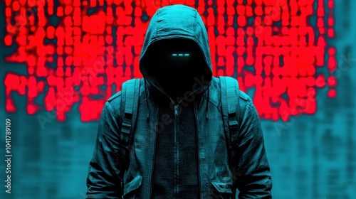 Examine the use of ransomware attacks in extortion scams targeting organizations, Mysterious figure in a dark hoodie against a backdrop of abstract red digital code. photo