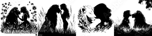 On a white background, a woman kisses a lion's forehead in a serene natural setting